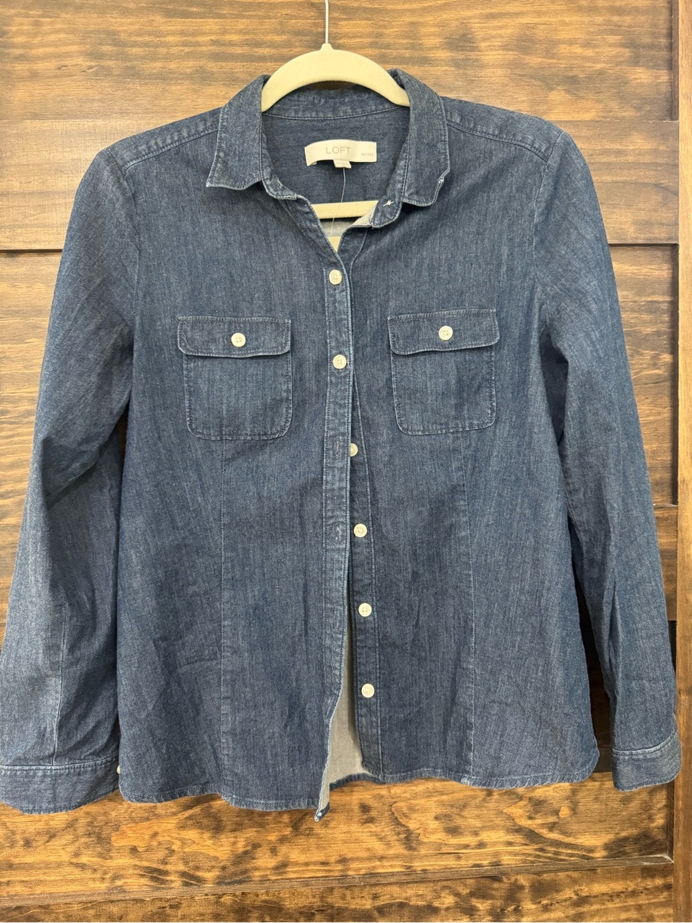 LOFT Women's Dark Blue Denim Button-Front Top Petite Medium